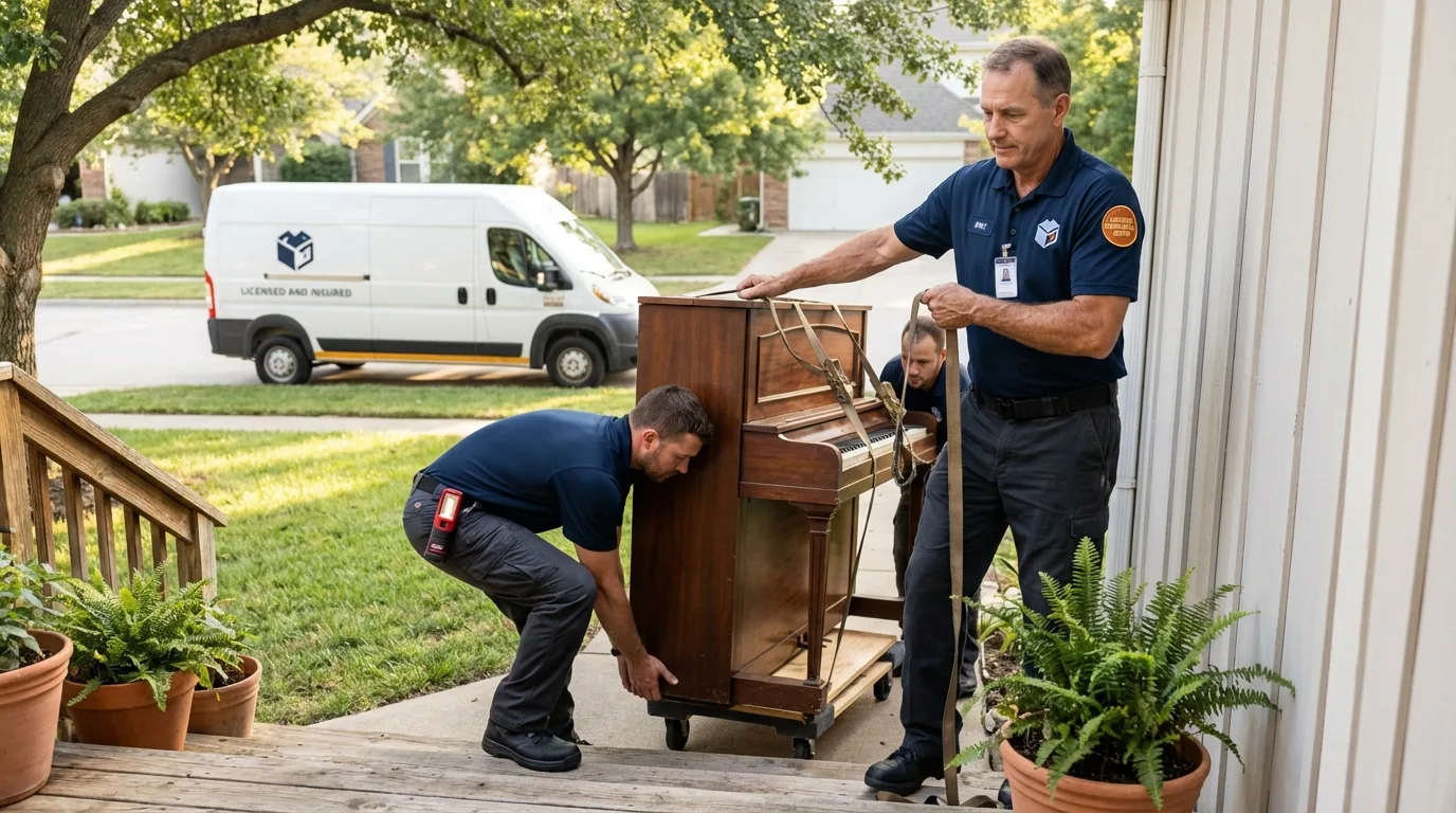 Licensed piano movers securing grand piano in Queens, NY